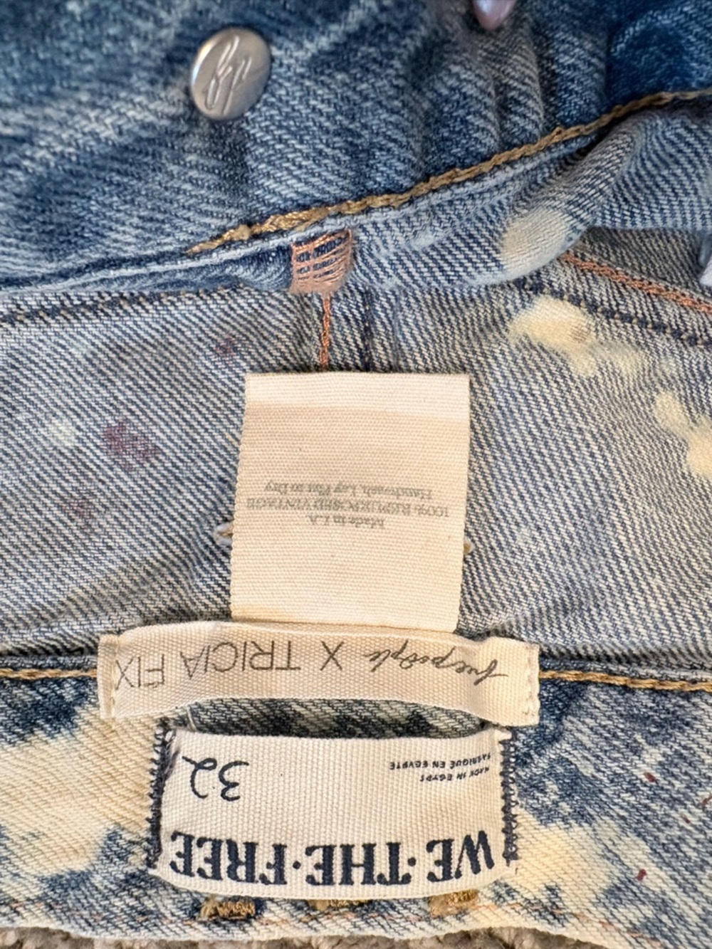 Free People x Tricia Fix collab Light Blue Bleached Denim Shorts with Painted - Picture 3 of 7
